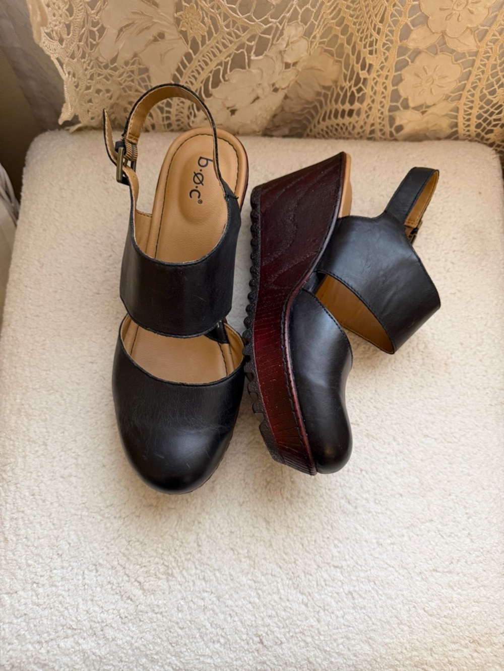 b.o.c. Black Leather Wedge Slingback Mary Jane - Picture 2 of 12